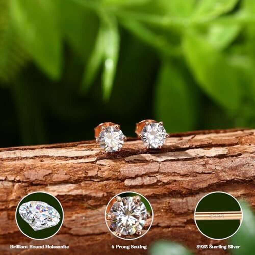 9292 Moissanite Earrings Studs : 18K Rose Gold Plated 925 Sterling Silver - Picture 2 of 7